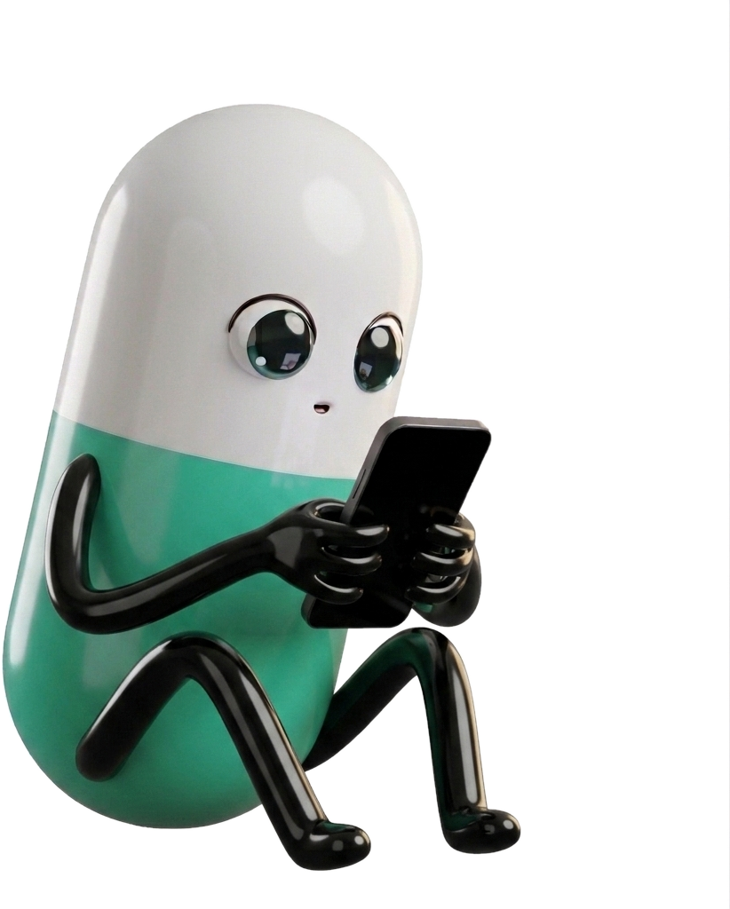 PUMPFONE capsule mascot sitting and scrolling on a phone